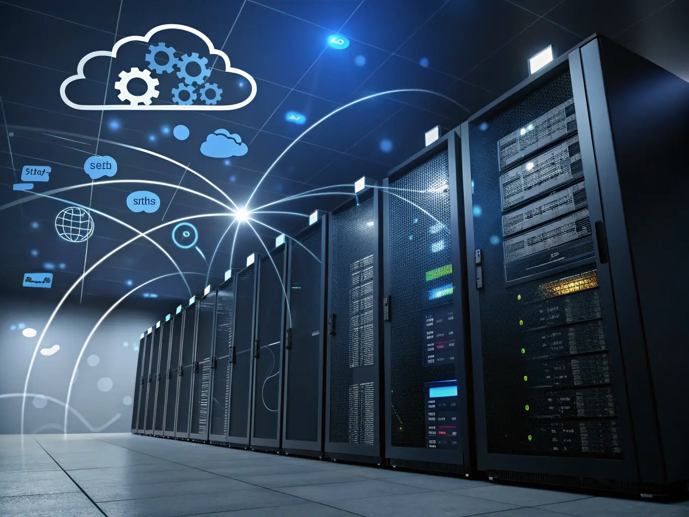 An image illustrating cloud infrastructure with various services and applications connected, showing data flowing seamlessly between different devices and platforms.
