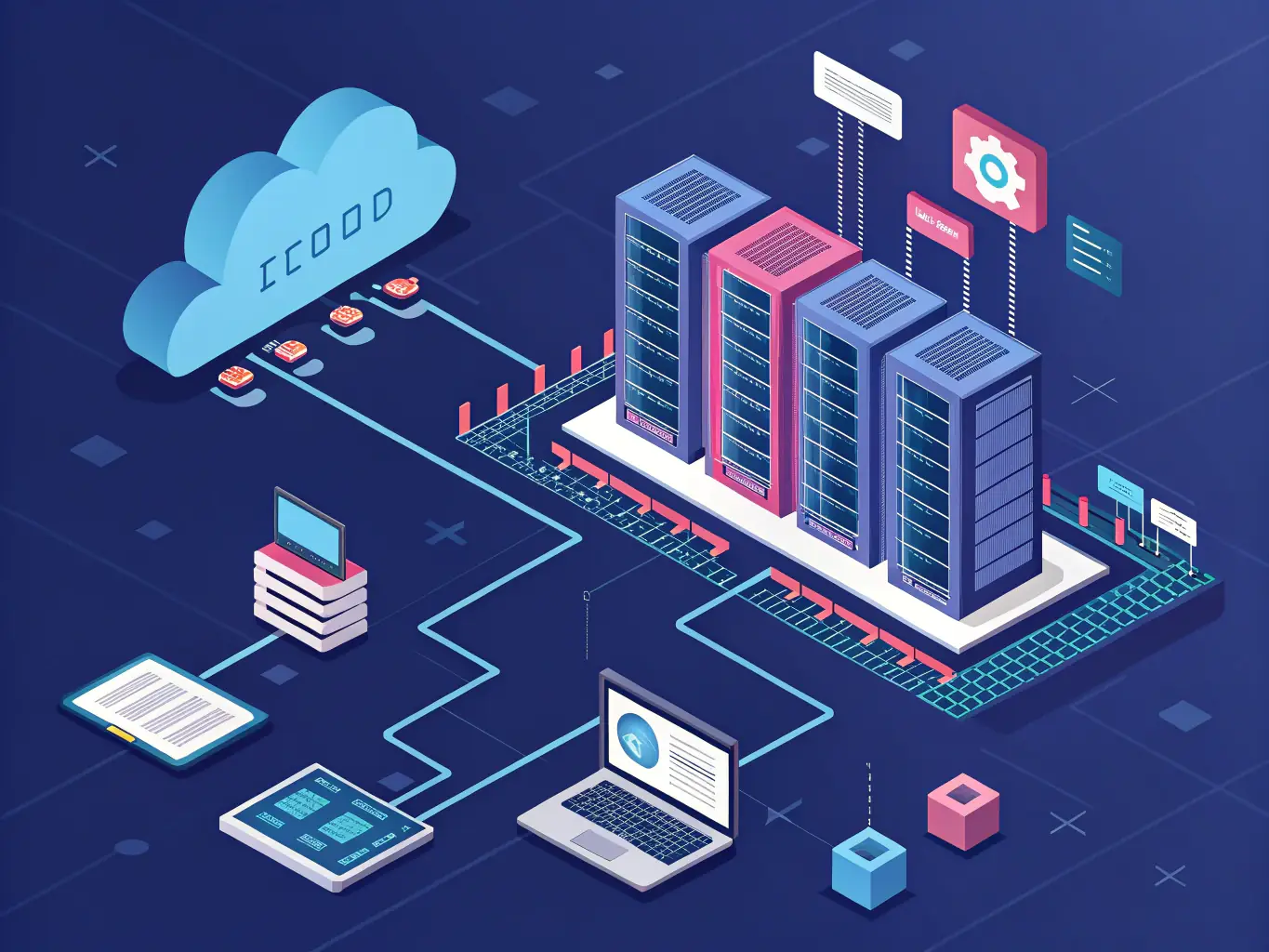 An illustration of cloud infrastructure with various services and applications connected, representing whitewave's expertise in cloud computing.