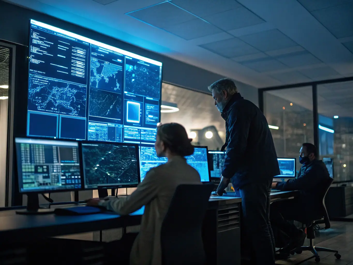 Cybersecurity experts at whitewave monitoring systems and analyzing potential threats, emphasizing their proactive approach to protecting client data.