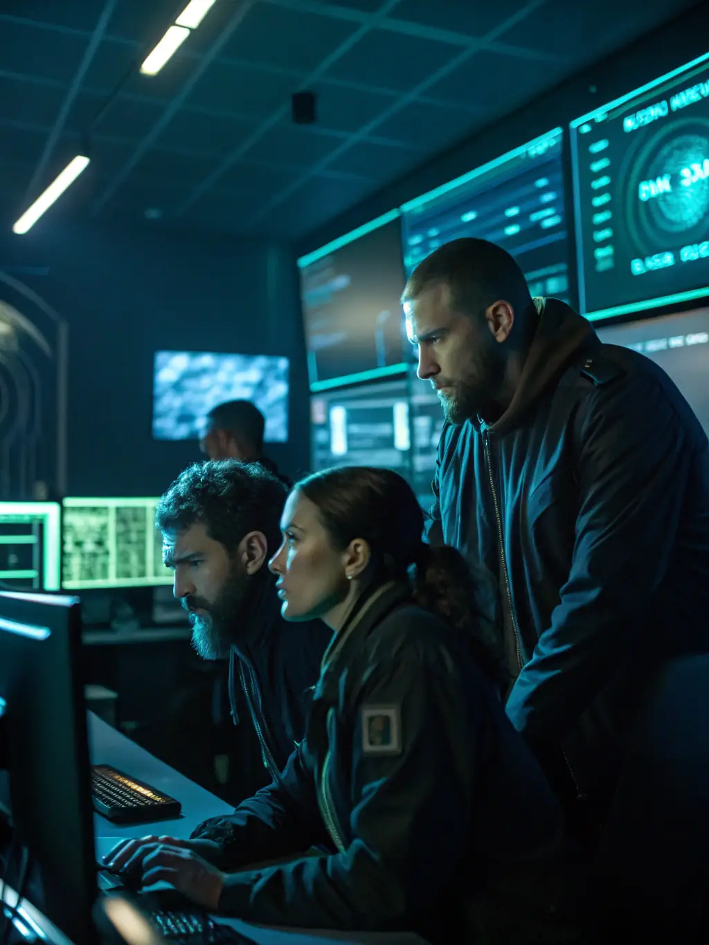 An image depicting cybersecurity experts monitoring systems and analyzing threats, highlighting the importance of data protection.