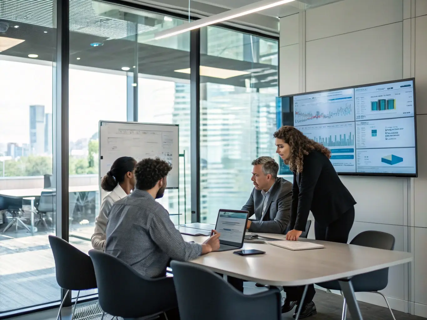 A team of whitewave consultants collaborating on a digital transformation strategy in a modern office setting, showcasing their expertise and collaborative approach.