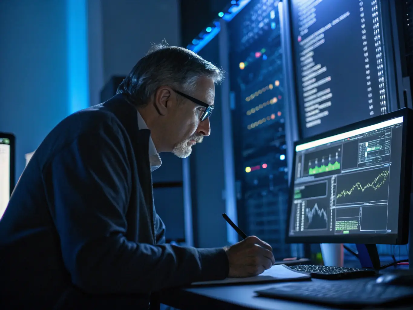 A cybersecurity expert is analyzing network traffic and security logs on multiple monitors in a high-tech security operations center, ensuring the protection of sensitive data and systems.