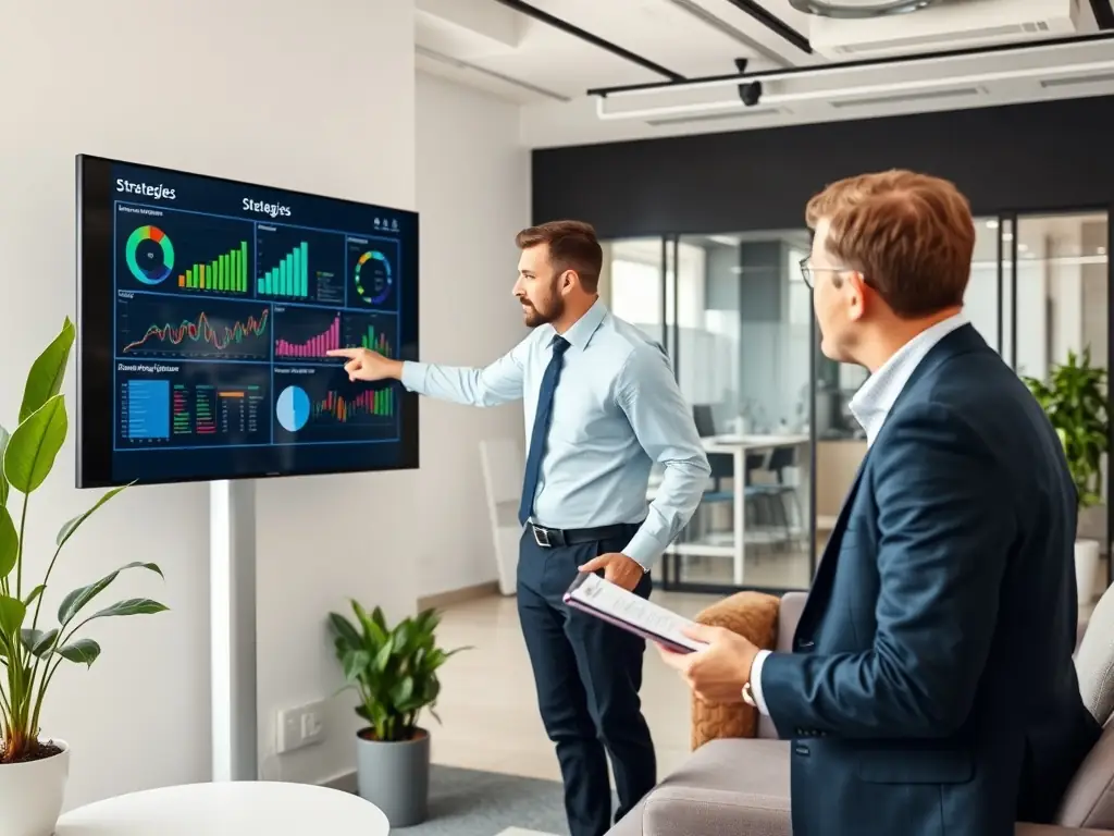 A professional consultant is advising a client in a modern office setting, discussing digital transformation strategies with charts and graphs displayed on a large screen.