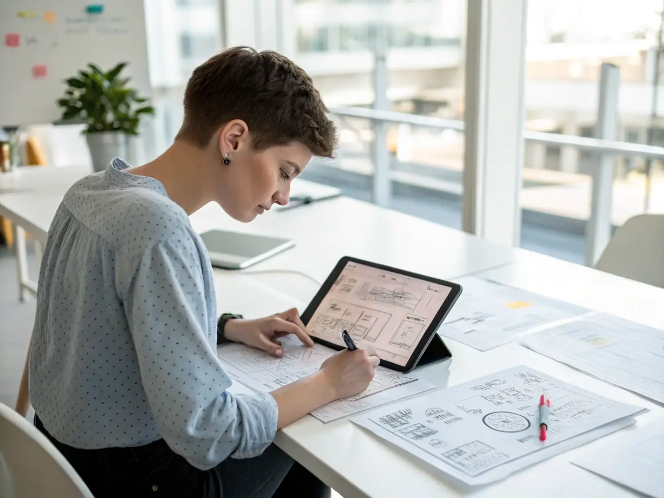 A cloud architect is designing a cloud infrastructure diagram on a tablet, showcasing the scalability and flexibility of cloud computing solutions for a business.