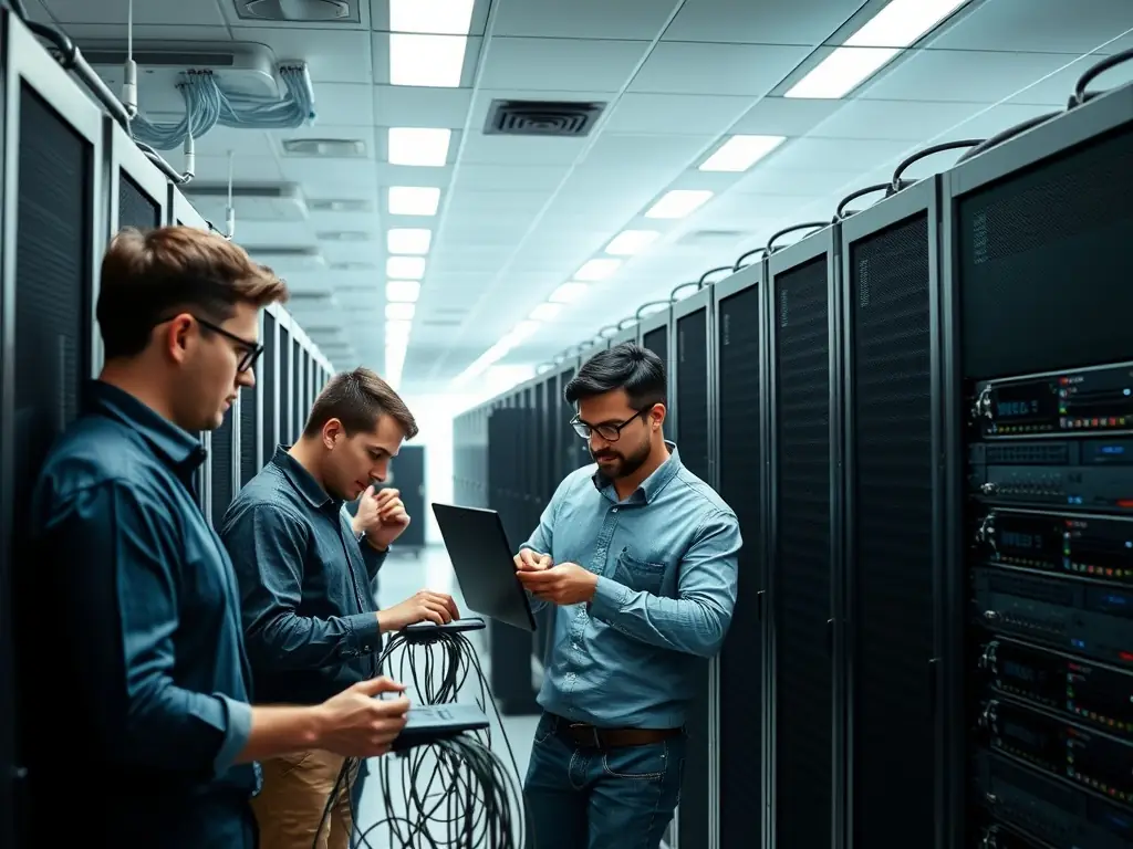 A team of IT professionals is configuring and managing cloud infrastructure in a data center, with servers and networking equipment visible.