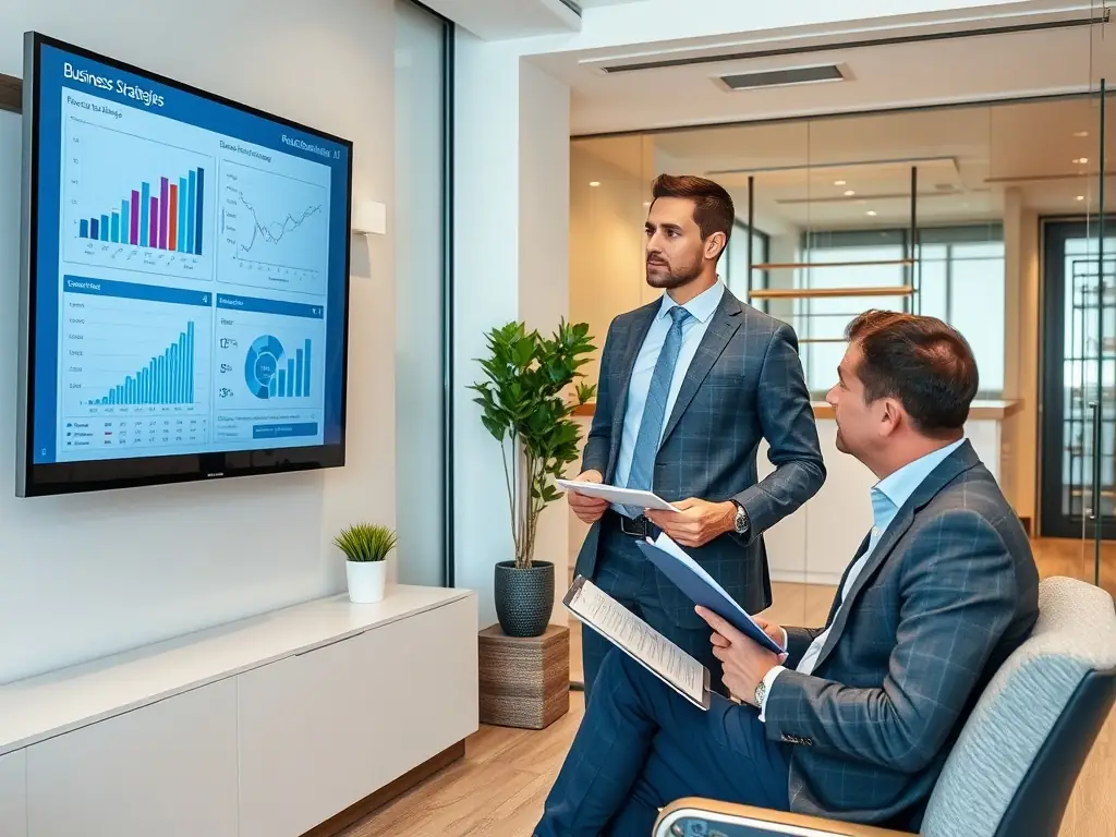 A professional consultant is advising a business executive in a modern office setting, discussing digital transformation strategies with charts and data visualizations displayed on a large screen in the background.