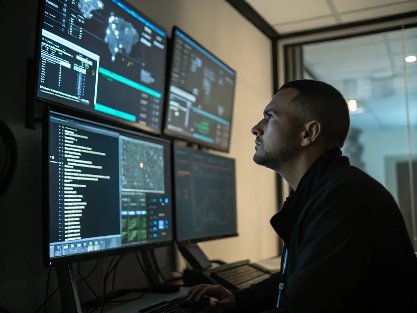 A cybersecurity expert is analyzing network traffic and security logs on multiple monitors in a high-tech security operations center.