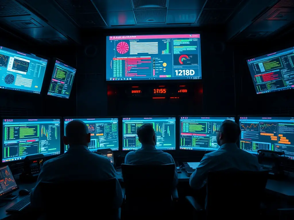 An image depicting cybersecurity experts monitoring systems and analyzing threats, with multiple screens displaying security dashboards and network activity.